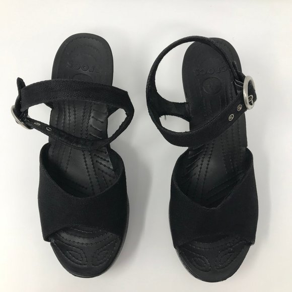 CROCS Shoes - Crocs Black Canvas Wedge Strap Buckle 7 Sandal